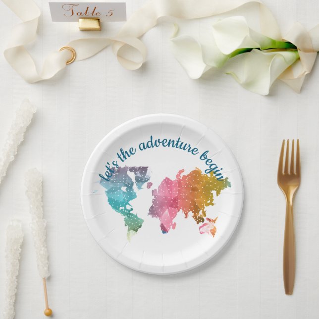 Let's The Adventure Begin Geometric World Map Paper Plate (Wedding)