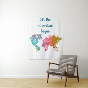 Let's The Adventure Begin Geometric World Map Tapestry