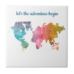 Let's The Adventure Begin Geometric World Map Tile