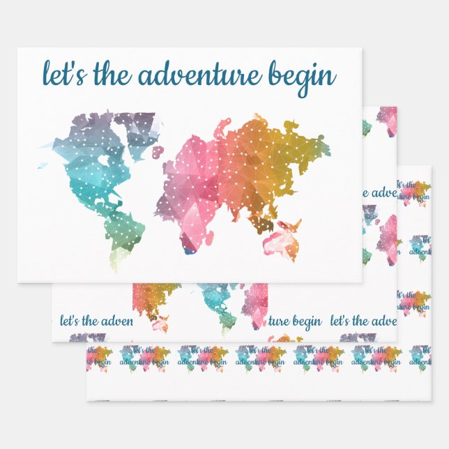 Let's The Adventure Begin Geometric World Map Wrapping Paper Sheet (Set)