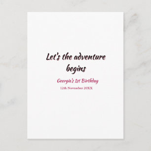 lets the adventure begins 1st birthday pink black postcard