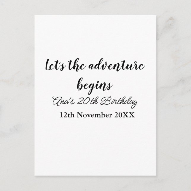 lets the adventure begins 20th birthday add name d postcard (Front)