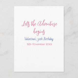 lets the adventure begins 30th birthday add name postcard