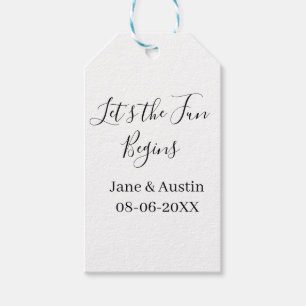 lets the fun begins wedding couple name date simpl gift tags