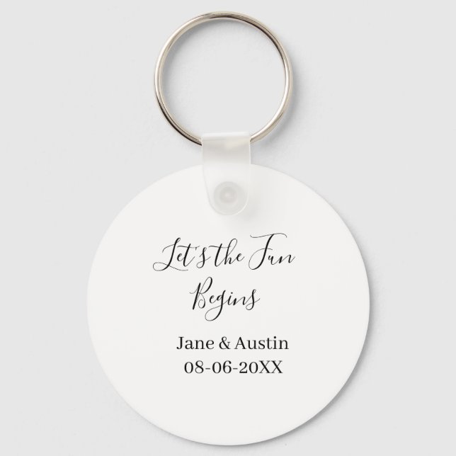 lets the fun begins wedding couple name date simpl key ring (Front)