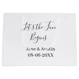 lets the fun begins wedding couple name date simpl large gift bag