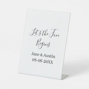 lets the fun begins wedding couple name date simpl pedestal sign