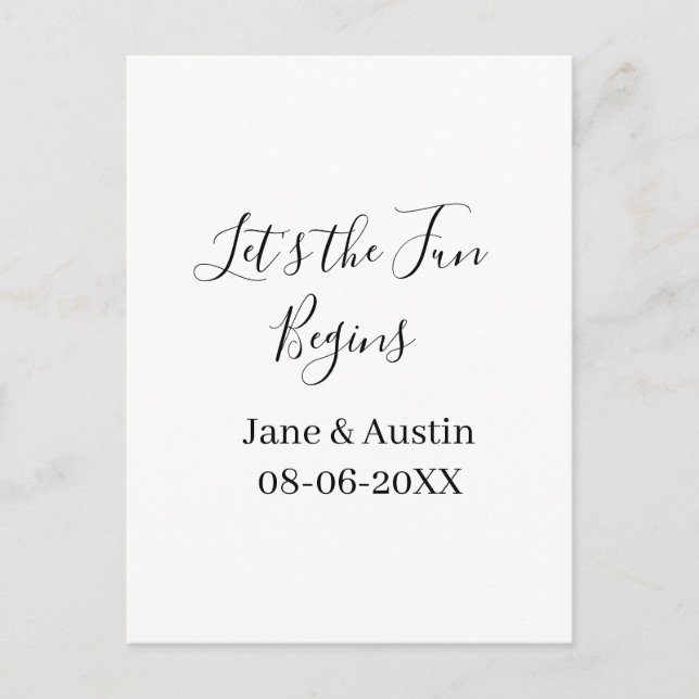 lets the fun begins wedding couple name date simpl postcard (Front)