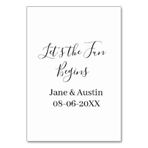 lets the fun begins wedding couple name date simpl table number