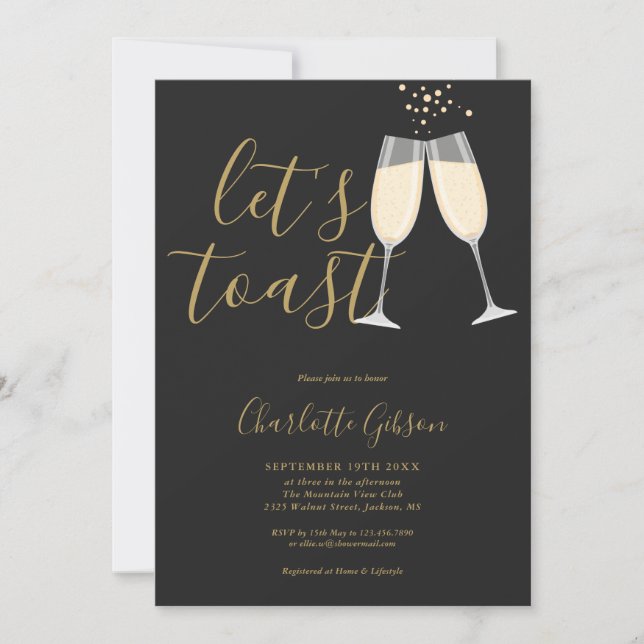 Let's Toast Bridal Shower Black And Gold QR Code Invitation (Front)