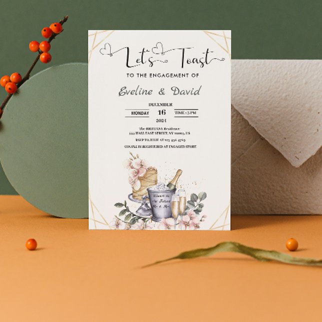 Let's Toast Engagement Party Watercolor Floral Invitation (Let's Toast Engagement Party Watercolor Floral Invitation  elegant floral gold classic)