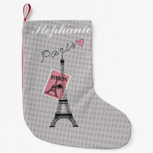 Let's Travel to Paris Eiffel Tower, Stamp, & Heart Small Christmas Stocking