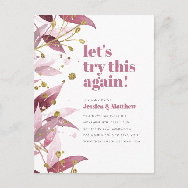 Lets Try This Again Elegant Leaves Wedding Update Invitation Postcard (Front)