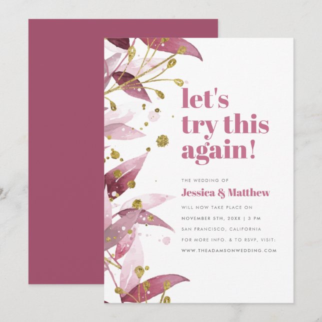 Let's Try This Again Purple & Gold Wedding Change Invitation (Front/Back)
