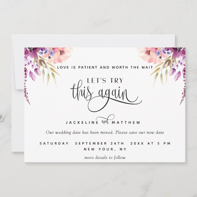 Let's Try This Again, Purple, Lilac Peach Floral Save The Date (Front)