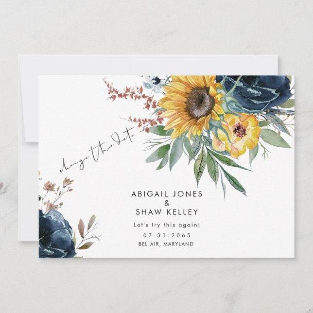 Let's Try This Again Sunflower Change Date Navy Save The Date (Front)