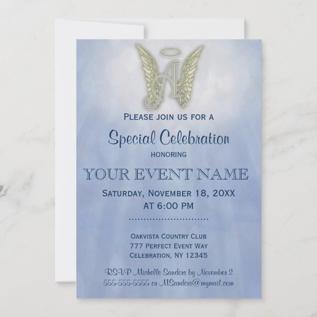 Letter A Angel Monogram Invitation (Back)