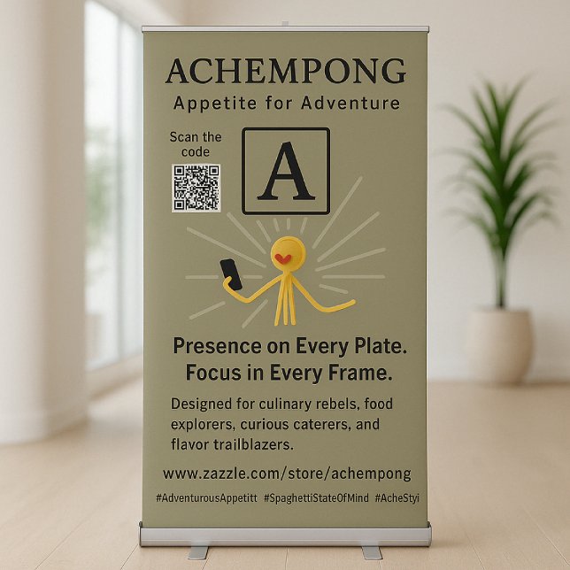 Letter A: Appetite for Adventure | ACHEMPONG  Retractable Banner (Bold banner for culinary explorers with a travel twist—spaghetti on a train never looked this fun.)