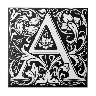 Letter A art nouveau black and white Tile