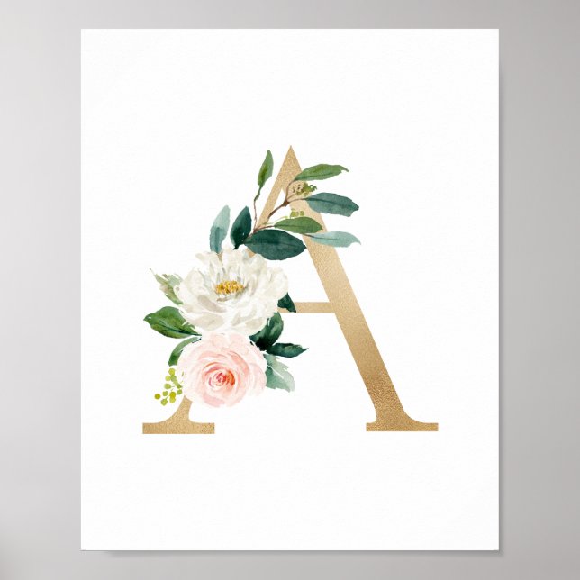 Letter A Blush Floral Monogram Faux Gold Foil Poster (Front)