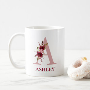 Letter A Burgundy Blush Floral Coffee Mug