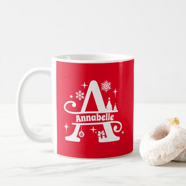 Letter A Christmas Monogram Initial Name Red  Coffee Mug (With Donut)