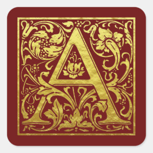 Letter A First Letter Faux Gold and Red Square Sticker