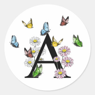 Letter A Floral Butterfly Monogram Initial    Classic Round Sticker