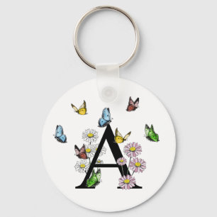 Letter A Floral Butterfly Monogram Initial Key Ring