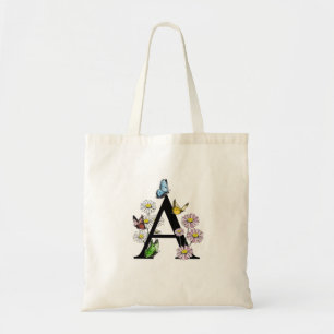 Letter A Floral Butterfly Monogram Initial Tote Bag