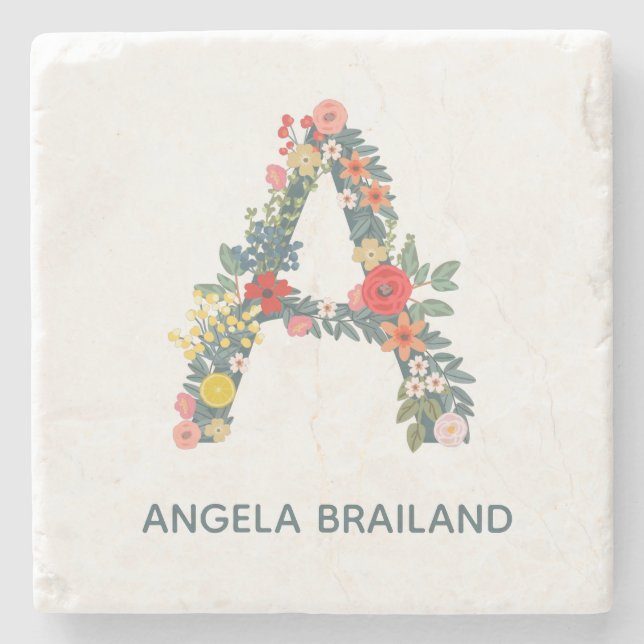 Letter A floral garden monogram personalised     Stone Coaster (Front)