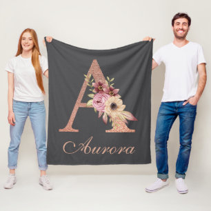 Letter A Floral Rose Gold Monogram Fleece Blanket