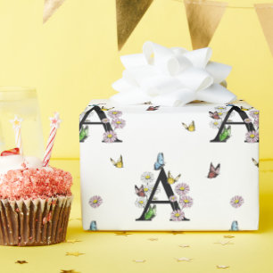 Letter A Floral Watercolor Butterfly Monogram     Wrapping Paper