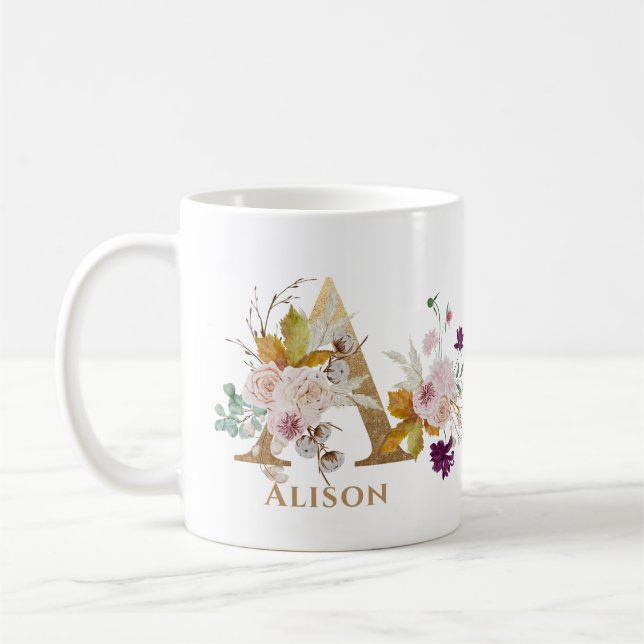 Letter A - Gold Floral Name sister coworker friend Coffee Mug (Left)