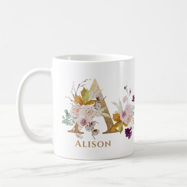 Letter A - Gold Floral Name sister coworker friend Coffee Mug (Left)