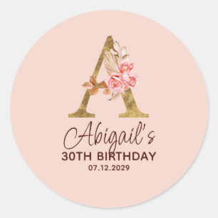 Letter A Gold Monogram Blush Pink Roses Classic Round Sticker