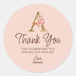 Letter A Gold Monogram Blush Pink Roses Classic Round Sticker