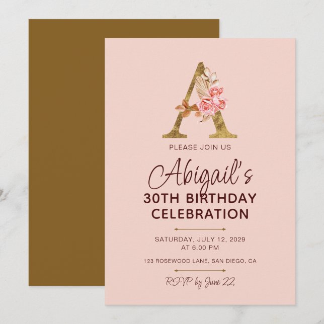 Letter A Gold Monogram Blush Pink Roses Invitation (Front/Back)