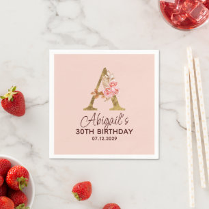 Letter A Gold Monogram Blush Pink Roses Napkin