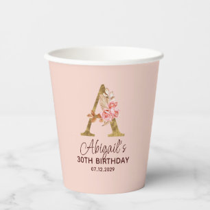 Letter A Gold Monogram Blush Pink Roses Paper Cups