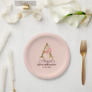 Letter A Gold Monogram Blush Pink Roses Paper Plate