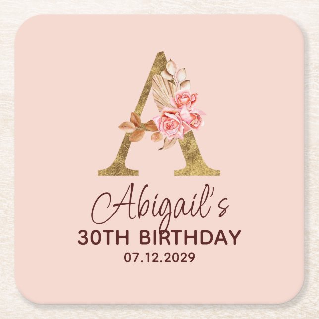 Letter A Gold Monogram Blush Pink Roses Square Paper Coaster (Front)