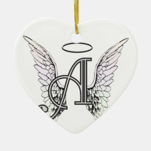 Letter A Initial Monogram with Angel Wings & Halo Ceramic Tree Decoration