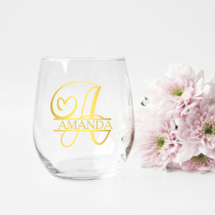 Letter A Monogram Bridesmaid Gift, Modern Elegant Stemless Wine Glass
