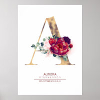 Letter A Monogram Floral Burgundy Red and Gold