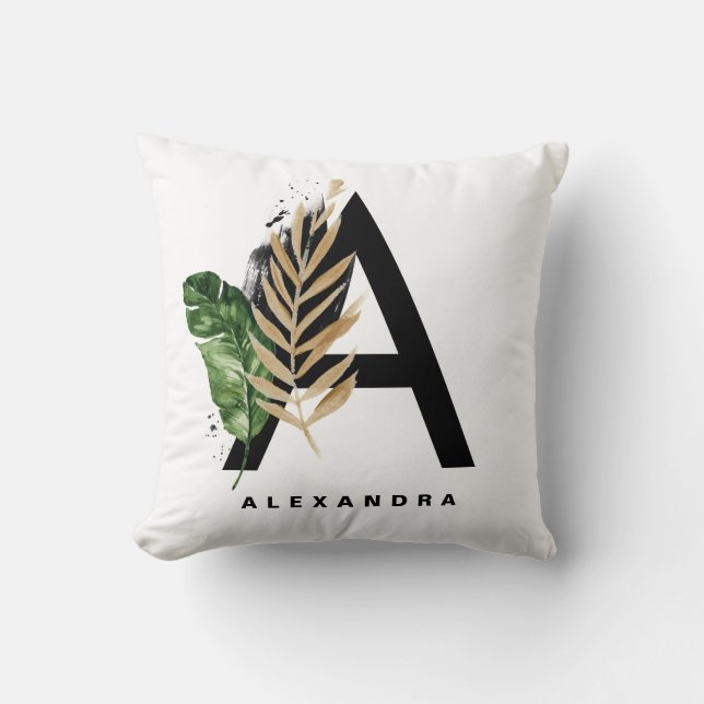  Letter A Monogram Gold Foil Tropical Leaves Cushion (Front)