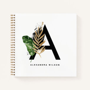 Letter A Monogram Gold Foil Tropical Personalised Notebook