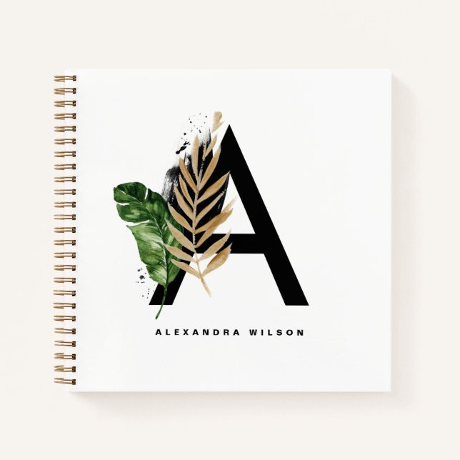 Letter A Monogram Gold Foil Tropical Personalised Notebook (Front)