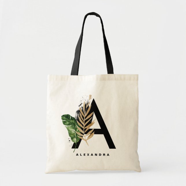  Letter A Monogram Gold Foil Tropical Personalised Tote Bag (Front)