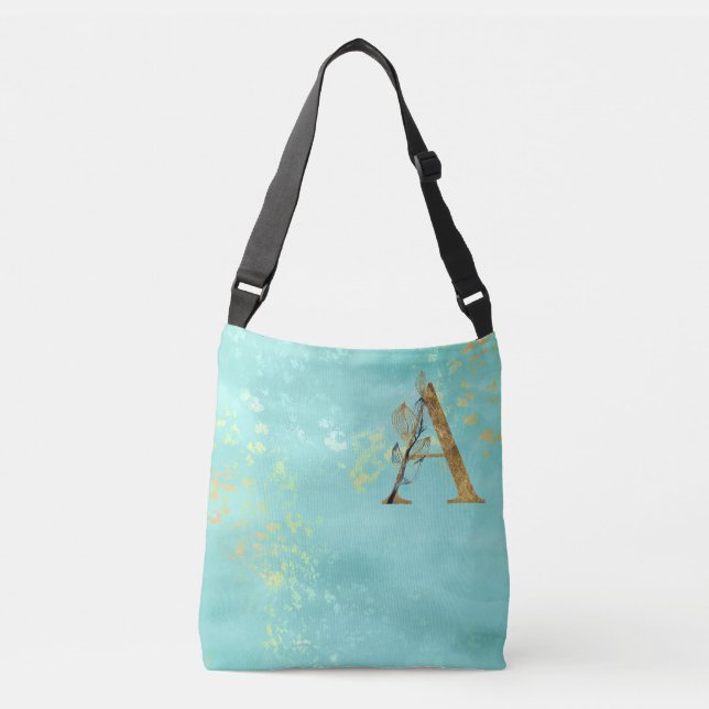*~* Letter A Monogram Gold Glitter Turquoise Blue Crossbody Bag (Front)